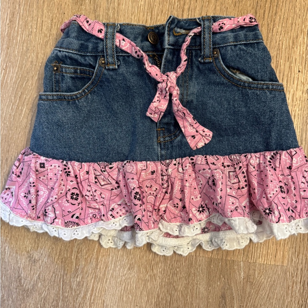 Denim Skirt with Pink Ruffle Trim